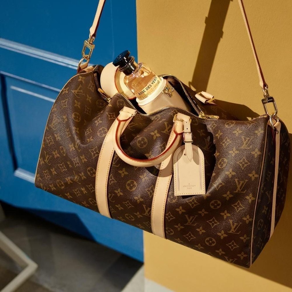 LOUIS VUITTON MONOGRAM KEEPALL BANDOULIERE DUFFLE BAG BROWN CREAM