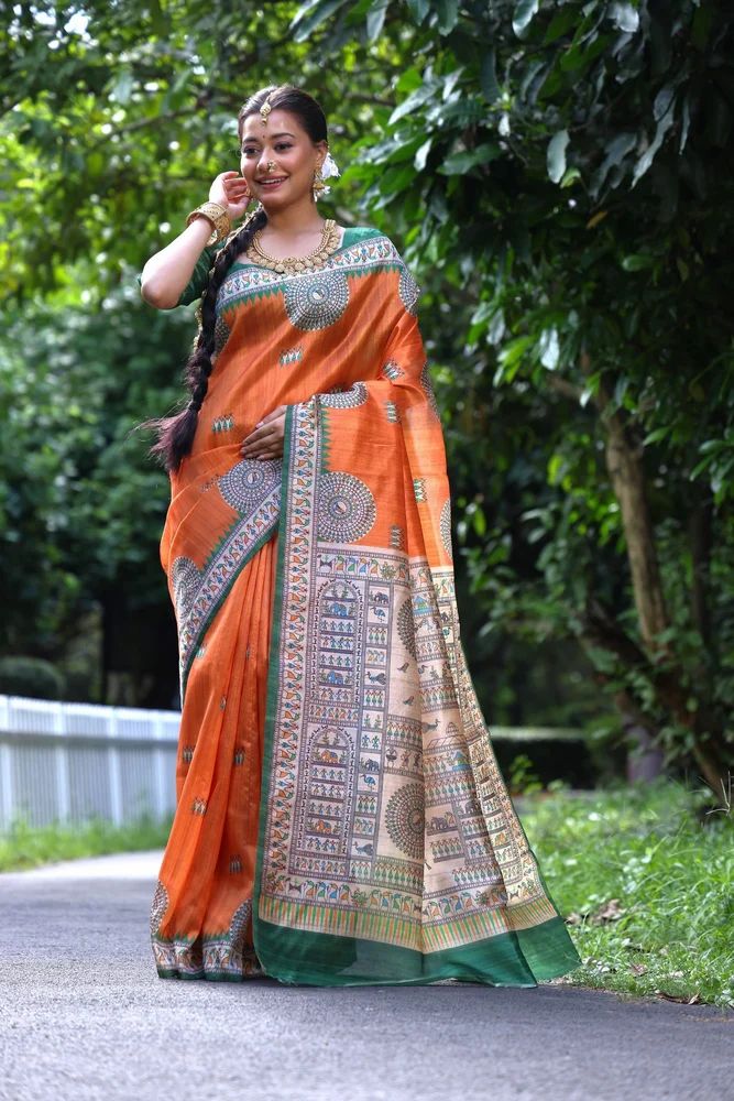 Soft Tussar silk saree with beautiful madhubani prints  and contrast pallu
