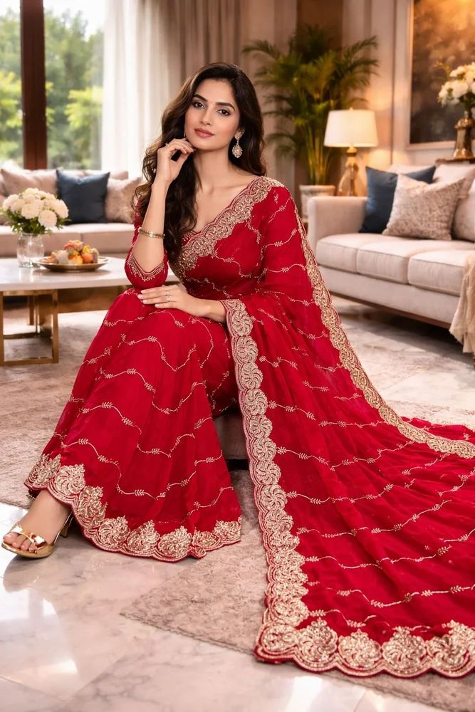 Satin Embroidered Saree