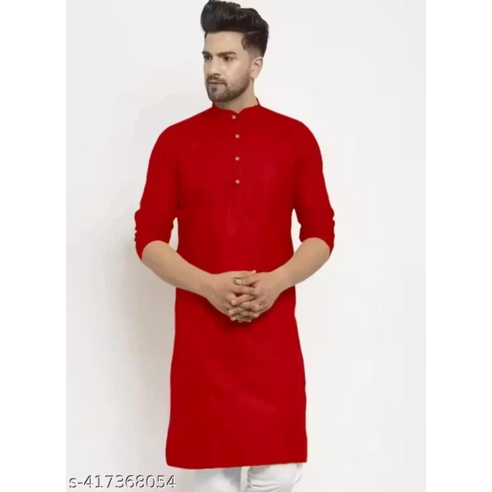 Men Red Cotton Blend Plain Kurta