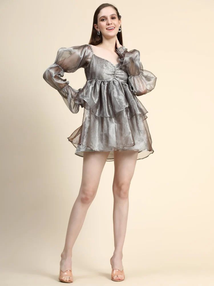 Ladies Silver Polyester Fit Flare Dress