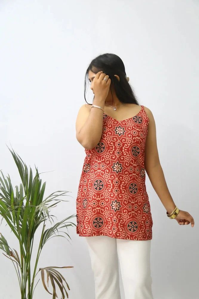 Dusty Red Printed Rayon Short Ladies Kurti