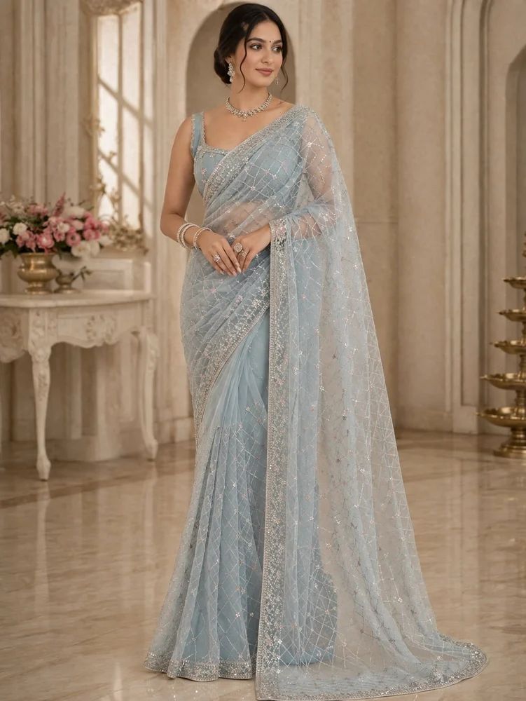 Sky Blue Net Embroidery Saree