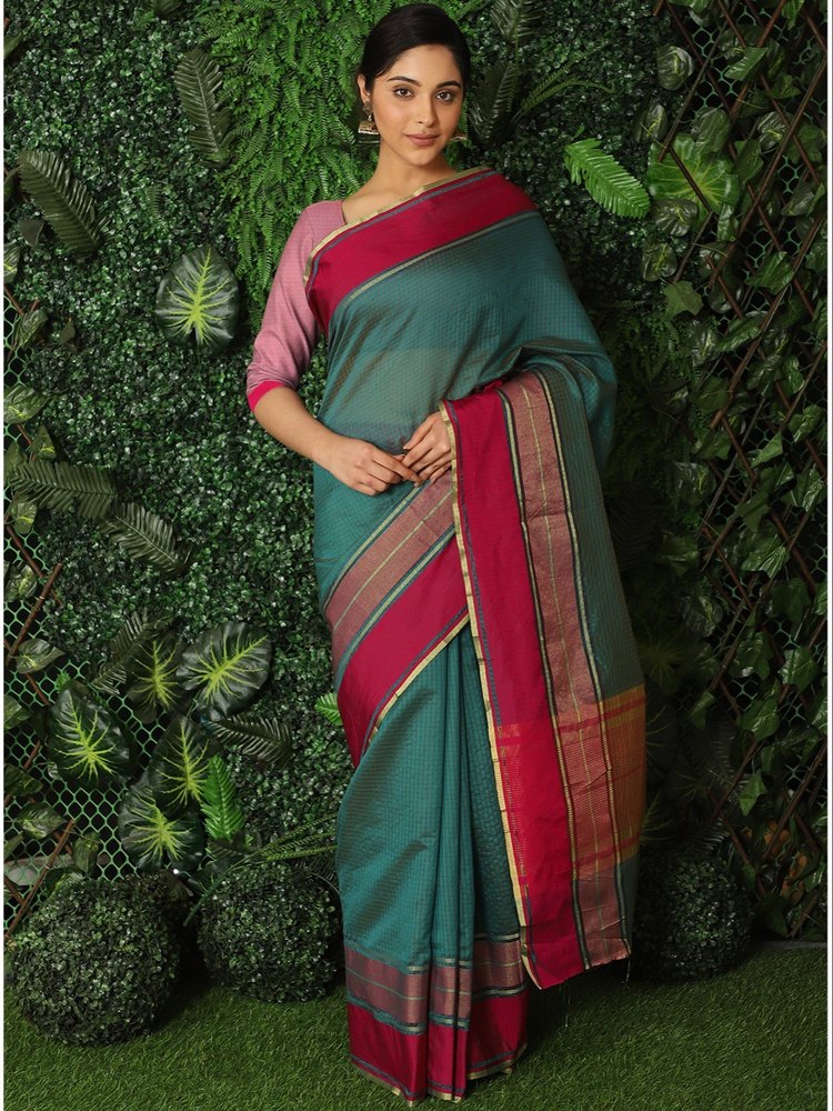 Women''s  Jacquard Silk Woven Checkered Saree With Unstitched Blouse Piece