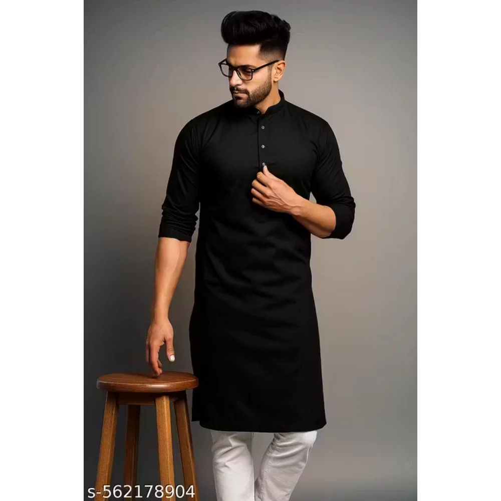 Men Dark Black Cotton Blend Plain Kurta