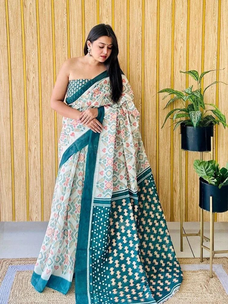 Ajrakh Print Linen saree