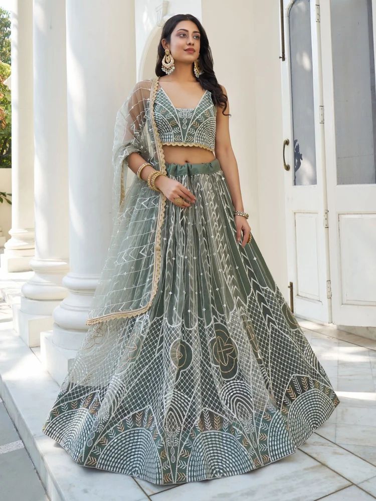 Green Silk Thread Sequence Embroidery Work Lehenga Choli