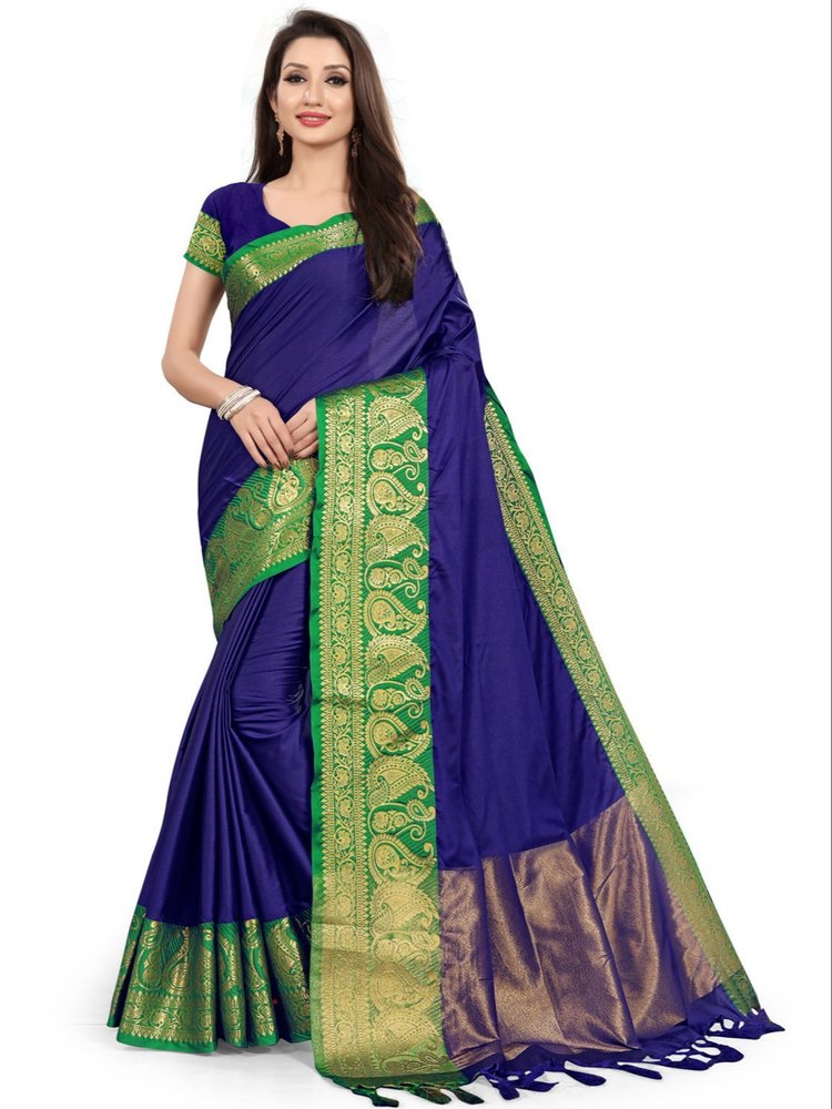 Women''S Woven Aura Banarasi Silk Blend Plain Solid Golden Zari Border Saree With Blouse Piece