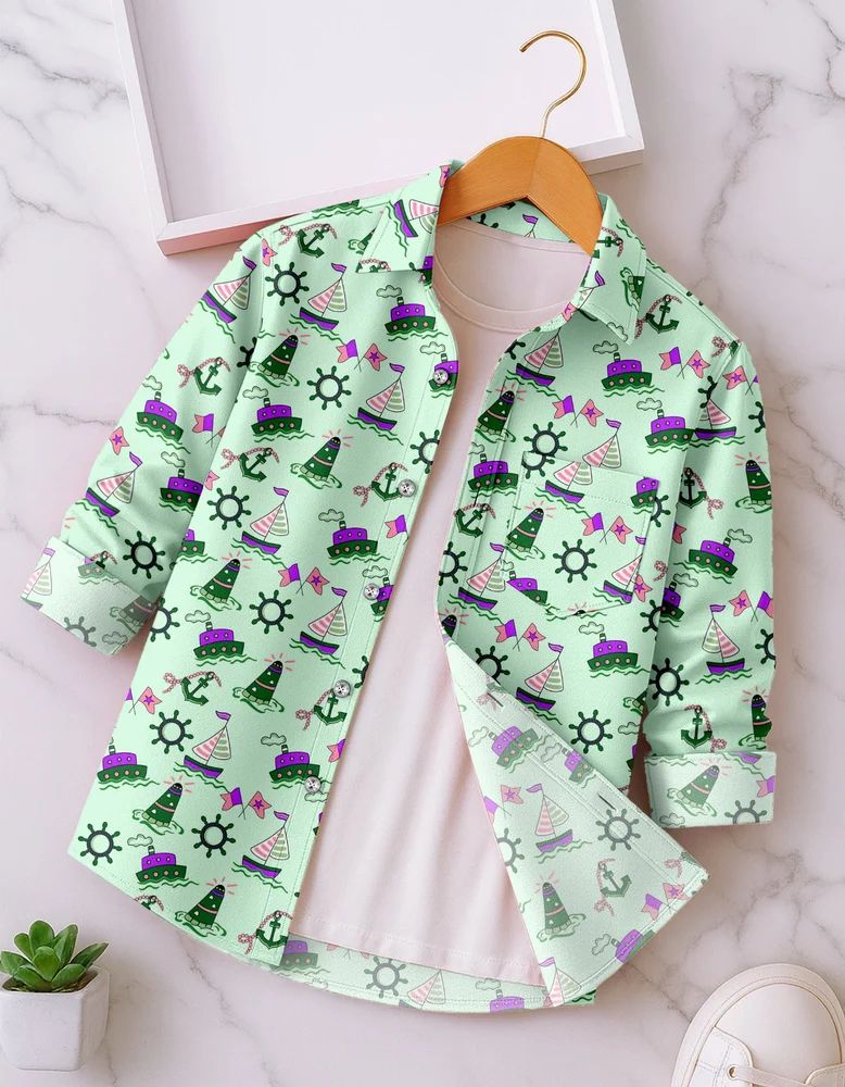 Light Green Boys Rayon Nautical Elements Print Shirt