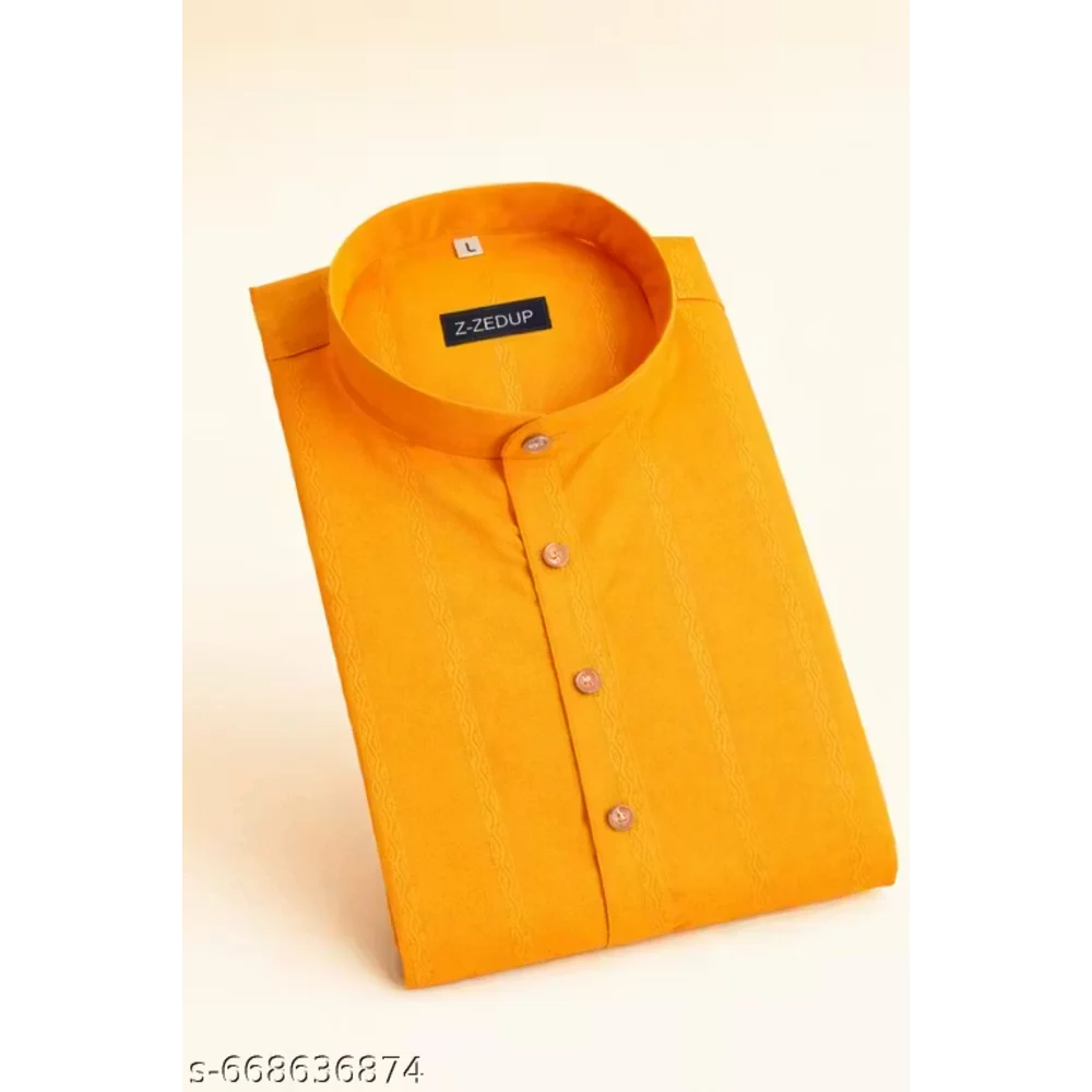 Men Yellow Cotton Blend Plain Kurta
