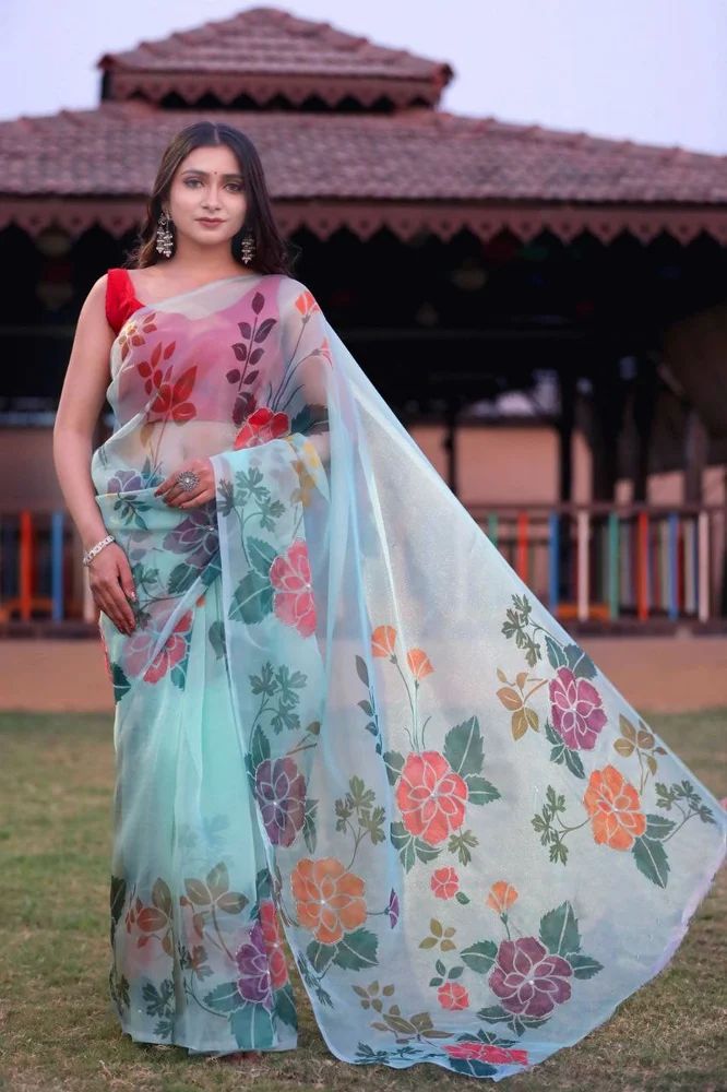 Sky Blue Organza Handwork Saree