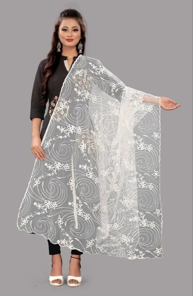 2.25m White Floral Embroidered Dupatta