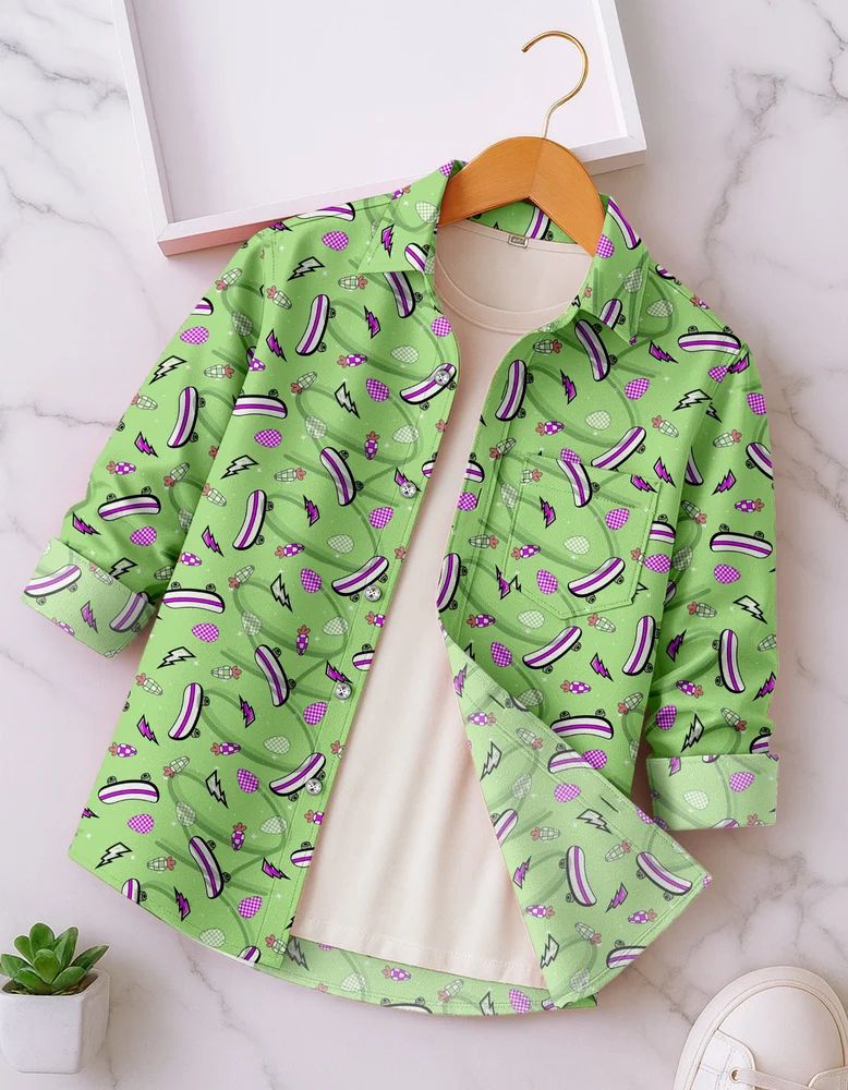 Green Boys Rayon Skateboard Print Shirt