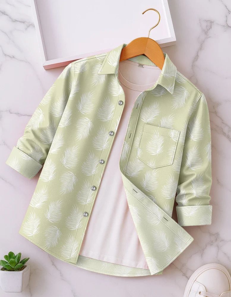 Light Green Men Rayon Leaf Print Shirt