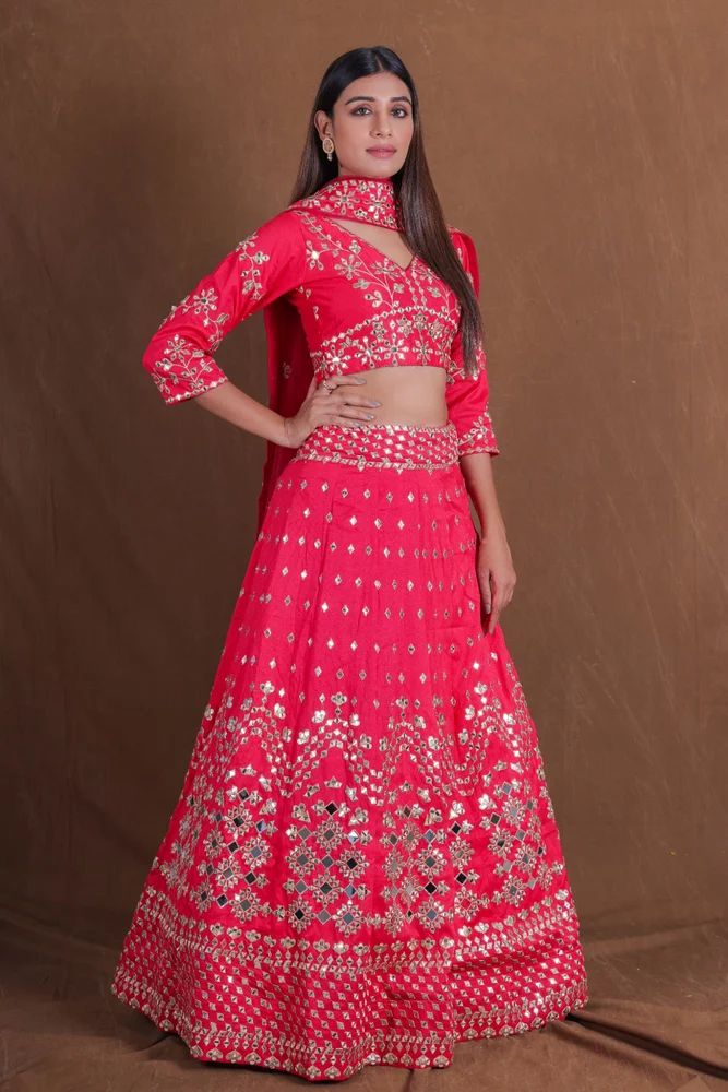 Pink Georgette Thread Sequence Real Mirror Embroidery Work Lehenga