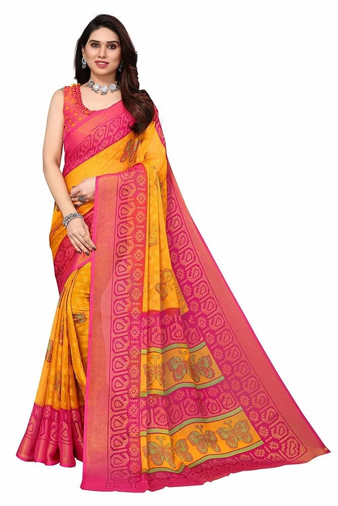 Leeza Store Gold Toned ButterFly Motifs Printed Soft Chiffon Brasso Saree