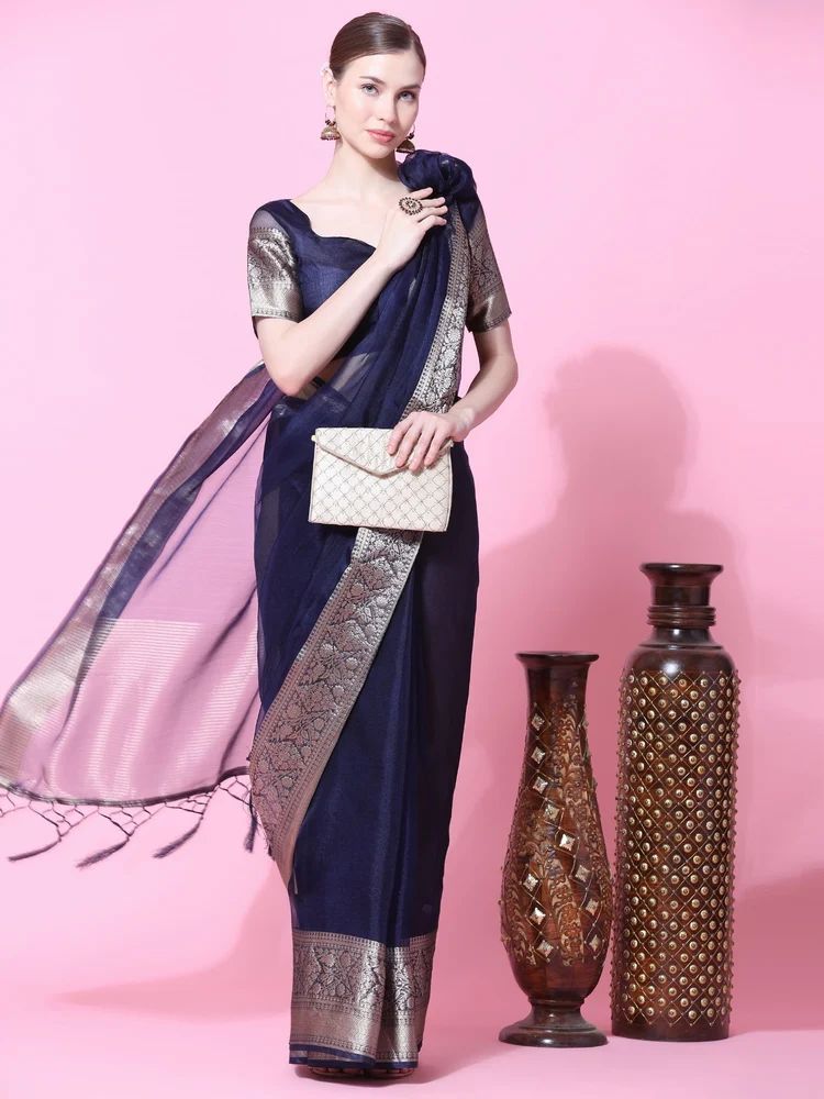 Ladies Organza Plain Navy Blue Kora Silk Saree