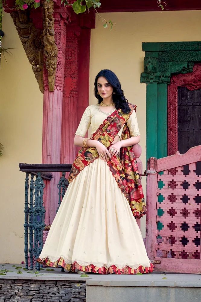 TRENDY CULTURE'S Designer Vichitra Silk Lehenga Choli with Sequins, Thread Work & Kalamkari Print