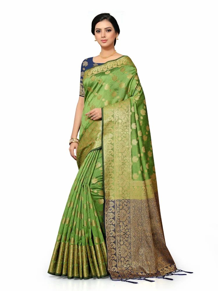 Mint Green Silk Blend Jacquard Golden Zari Border Tassels Banarasi Style Saree