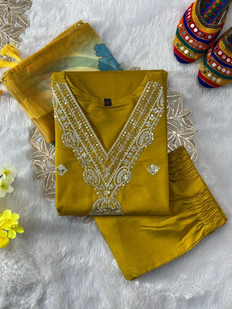 Roman Silk with Beautiful Embroidery Sequence Work kurti pant dupatta