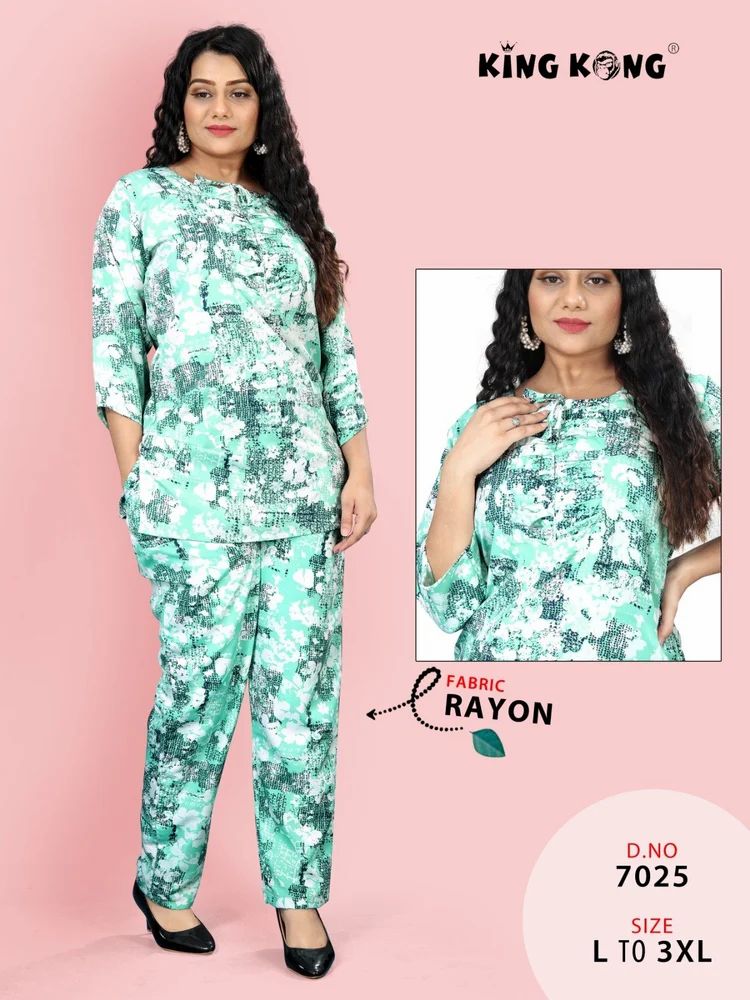 Elegant Designer Neck Heavy Rayon Printed Co-Ord Set for Women (Size L to 3XL)