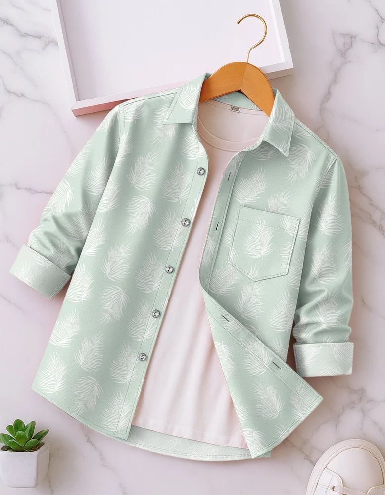 Mint Green Men Rayon Leaf Print Shirt