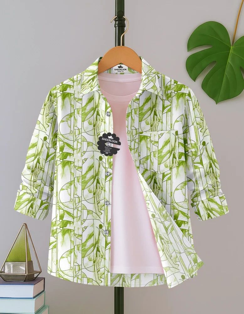 Green Men Rayon Leaf Print Shirt