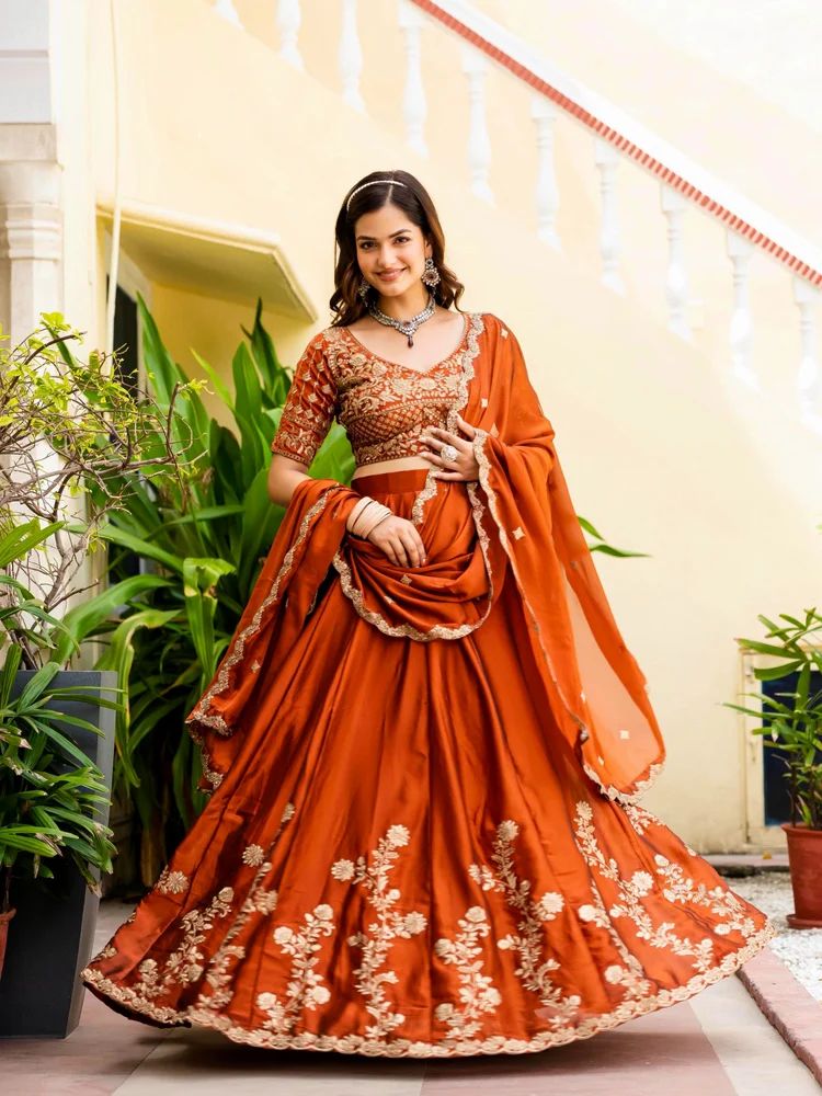 Fascinating Orange Thread Embroidered Silk Lehenga Choli Wholesale Supplier