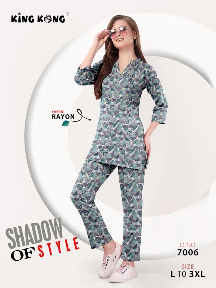 Rayon Mini Printed V-Neck 3/4 Sleeve Co-Ord Set (Sizes L-3XL)