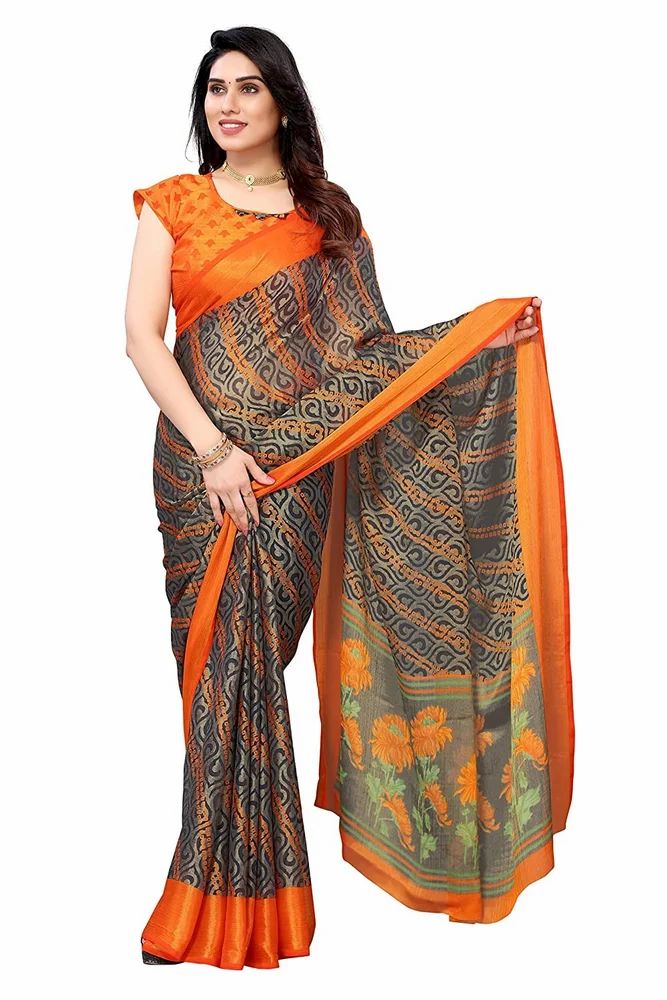 Gold Toned Ethnic Motifs Printed Soft Chiffon Brasso Saree
