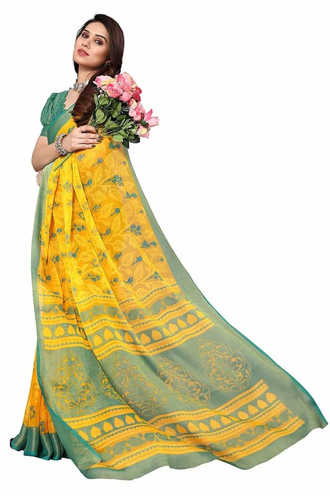 Leeza Store Gold Toned Floral Printed Soft Chiffon Brasso Saree With Ethnic Motifs On Pallu