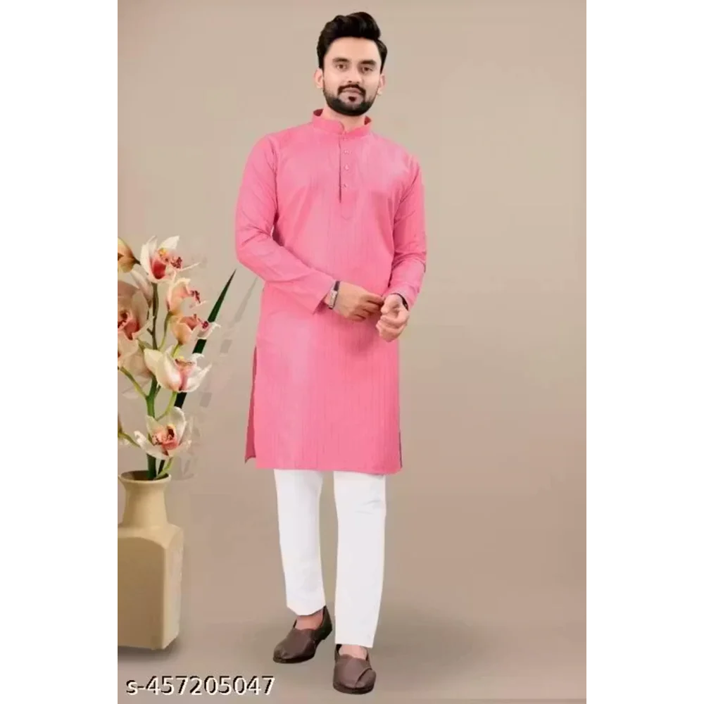 Men Pink Cotton Blend Plain Kurta