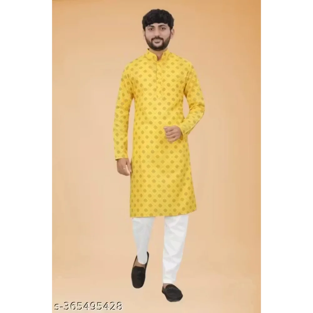 Men Yellow Cotton Blend Kurta Pajama Set