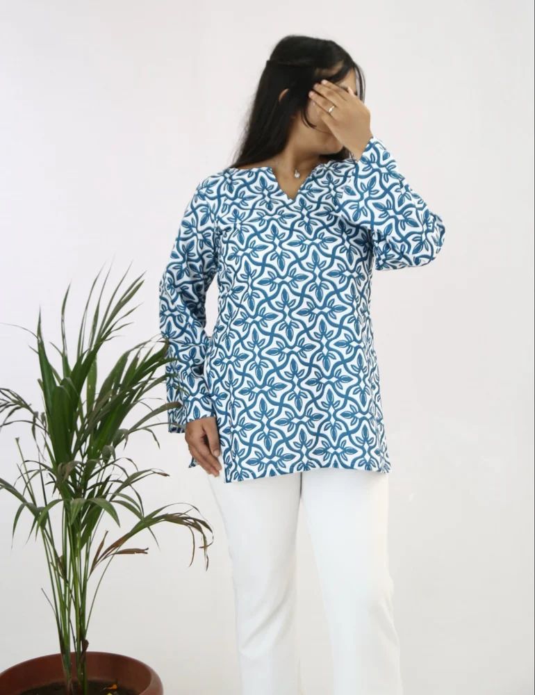 Light Blue Printed Rayon Short Ladies Kurti