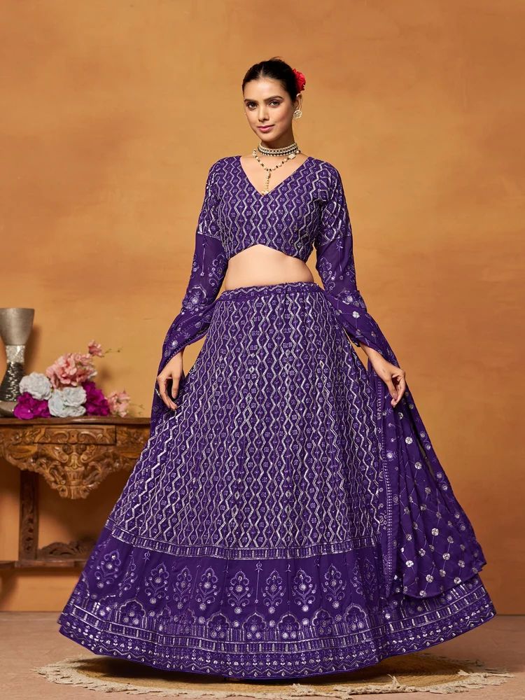 Purple Georgette Thread Sequence Work Lehenga Choli Set