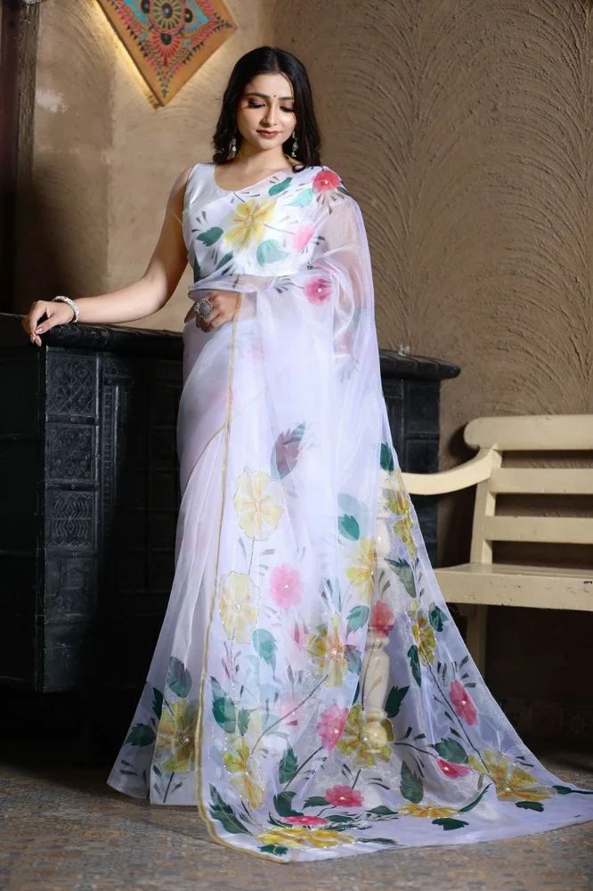 Bone White Organza Handwork Saree