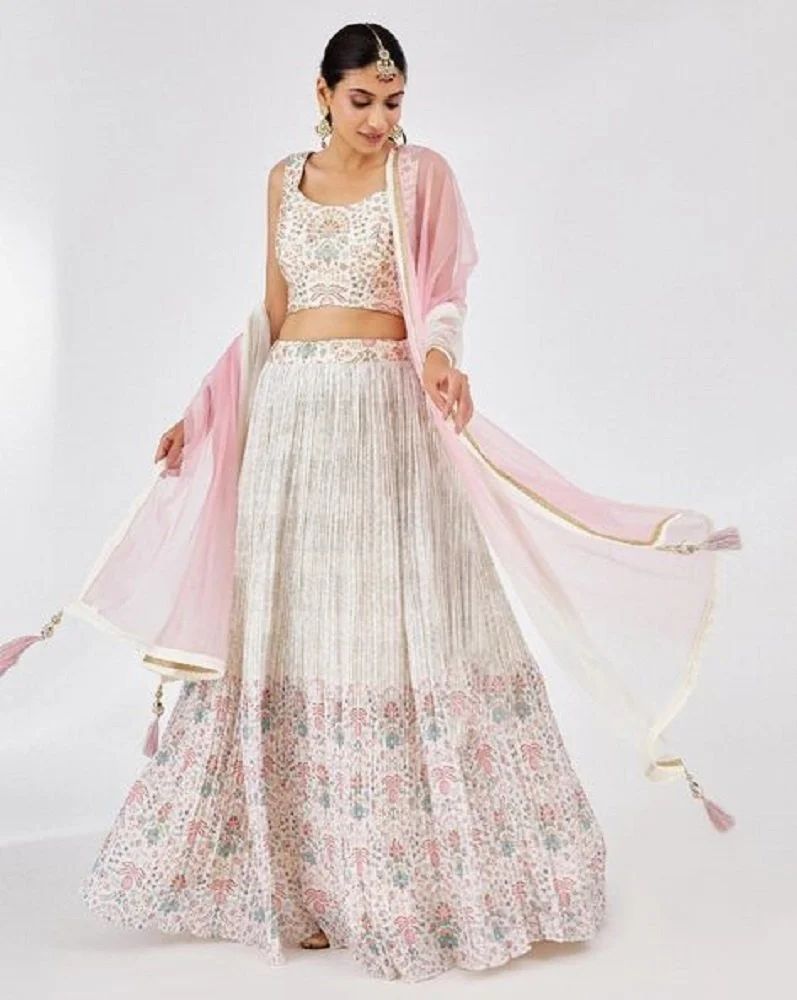 White Floral Print With Embroidery Work Georgette Chaniya Choli