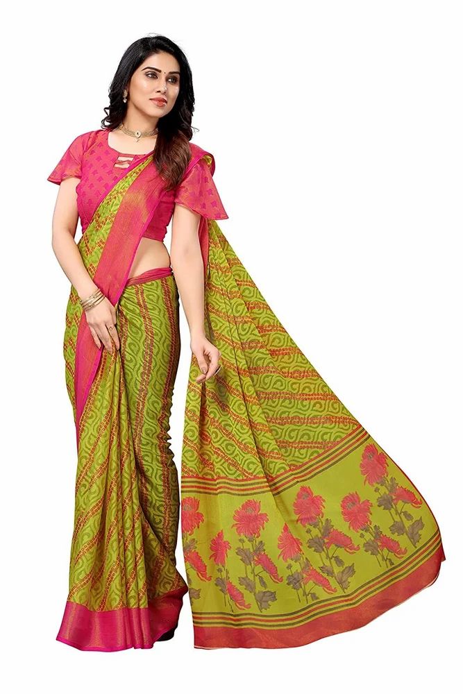 Gold Toned Ethnic Motifs Printed Soft Chiffon Brasso Saree