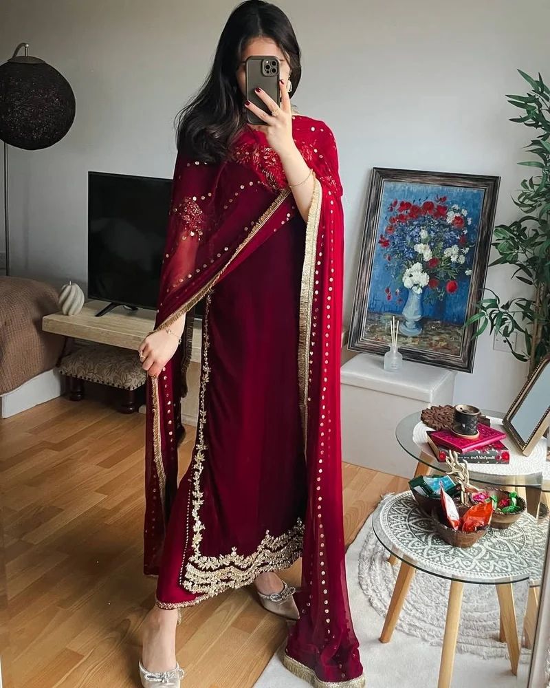 Designer Velvet Embroidered Salwar Suit with Heavy Dupatta