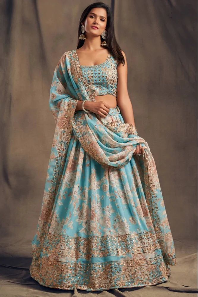 Gunj Fashion Wedding Wear Digital Printed Organza Lehenga With Sequins Zari Embroidery Work