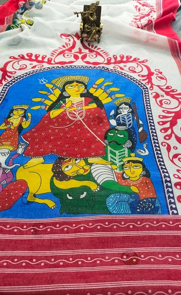 White Digital Print Linen Sarees