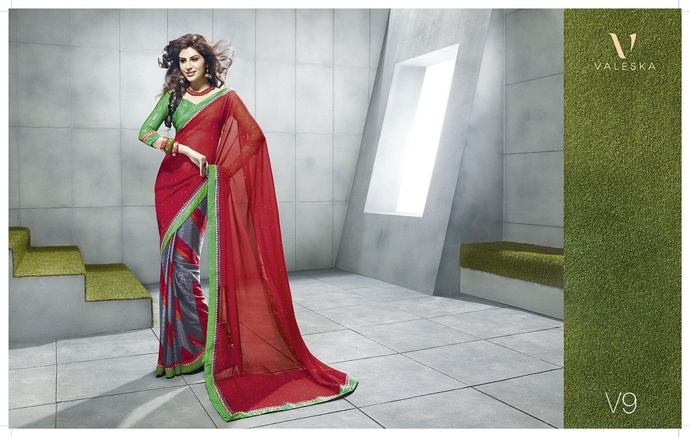 Red Printed Saree with Brasso Pleats
