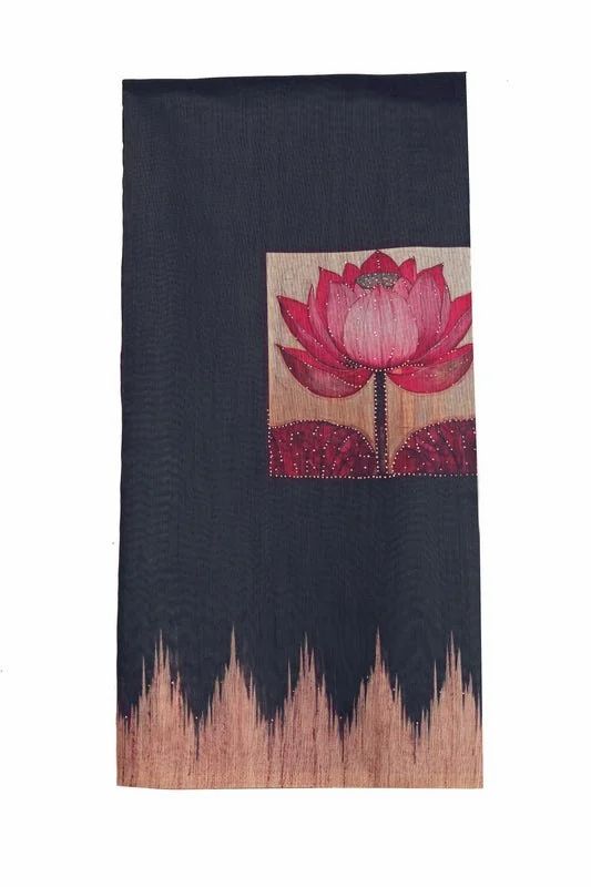 Black Lotus Print Handwork Chanderi Cotton Saree