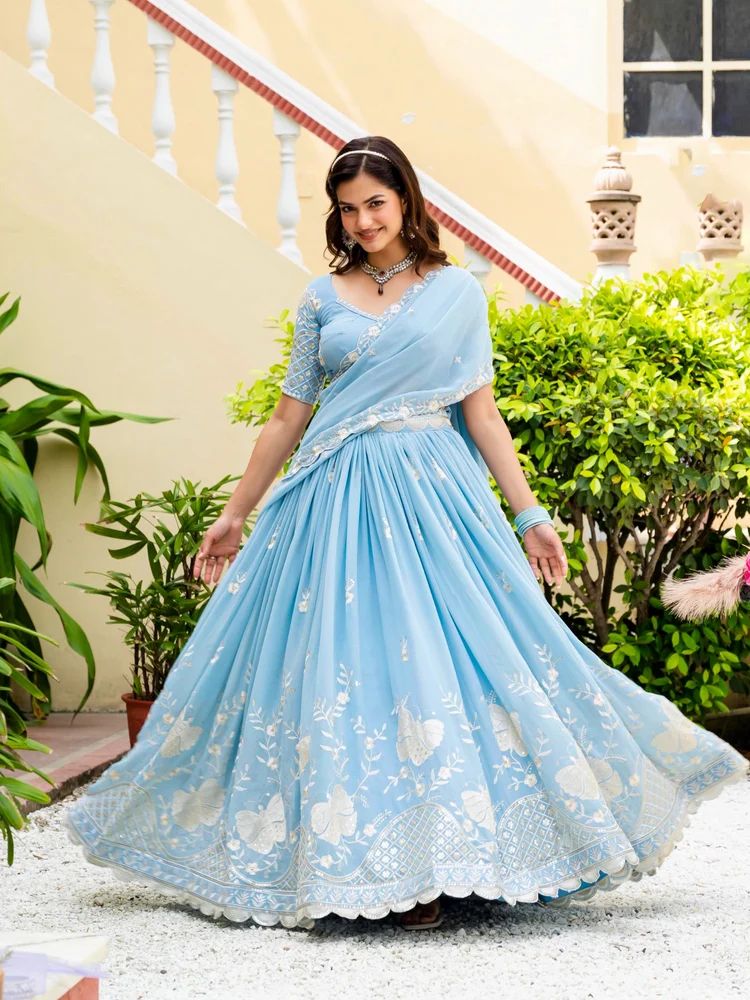 Thread Sequence Georgette Sky Blue Lehenga