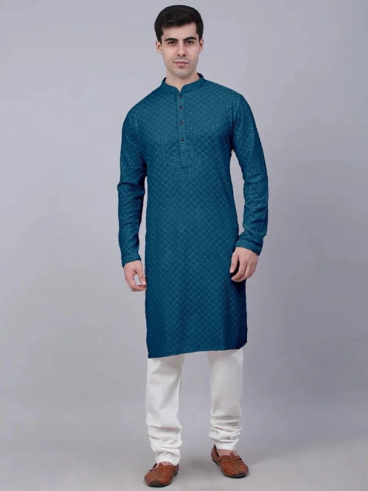 Men Embroidered, Embellished Cotton Rayon Straight Kurta