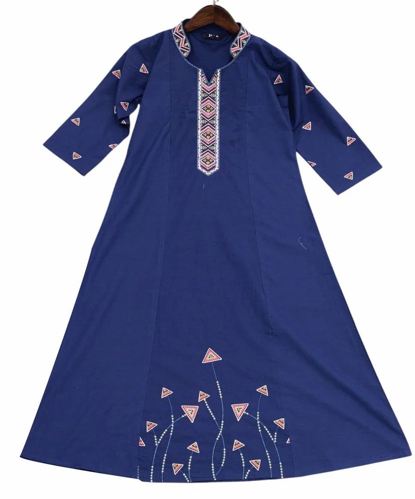 Ladies Blue Cotton Embroidered Kurti