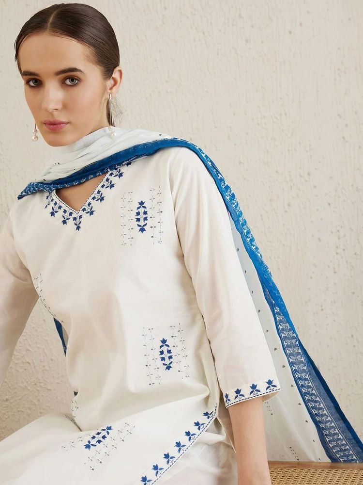 Diwali Special Cotton Embroidered Kurti Pant & Dupatta Set