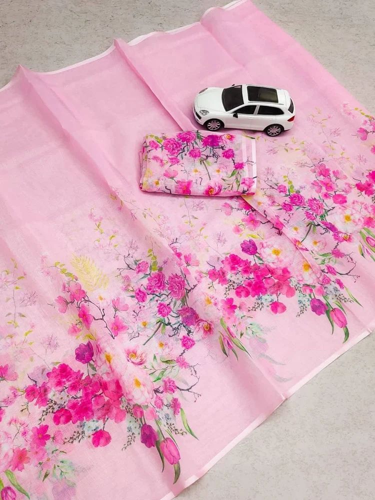 Light Pink Digital Print Linen Sarees