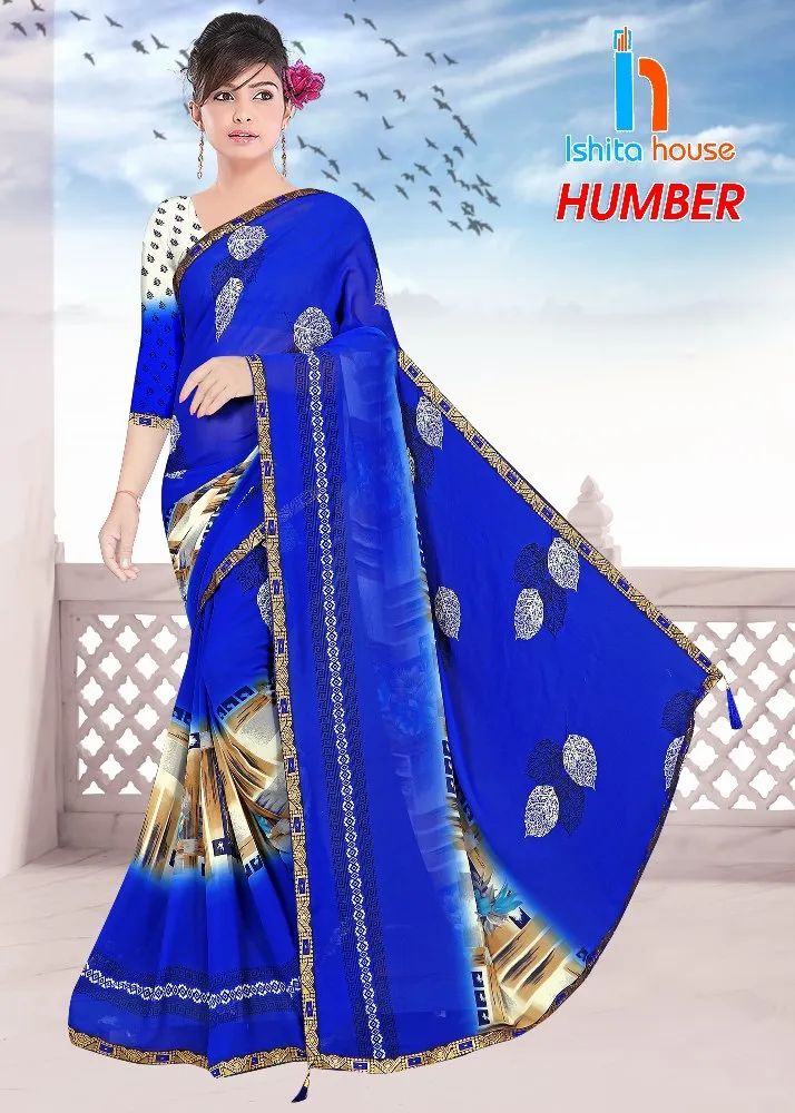 Party Wear Floral Print Humber Printed Borderless Saree, With blouse piece, 6.3 m
