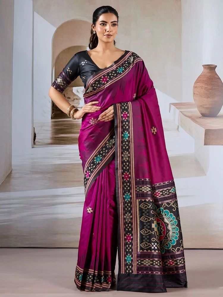 Women's Silk Blend Ajrakh Printed Saree, With Blouse Piece